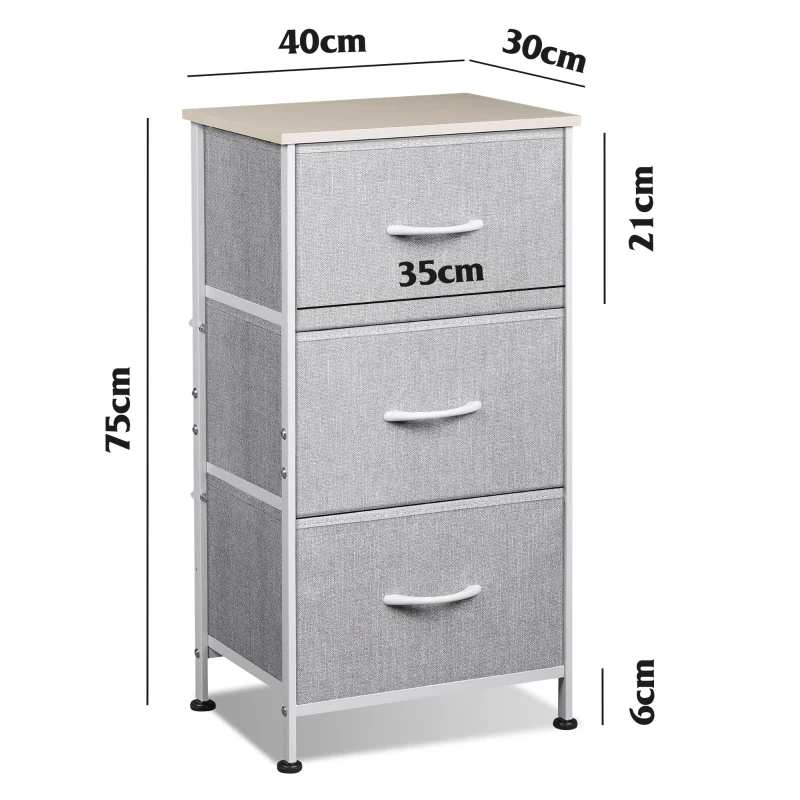 Kommode mit 3 Schubladen, geruchsneutrale Holzplatte, klappbare Stoffschubladen, 39.8x29.8x75.1 cm, Hellgrau