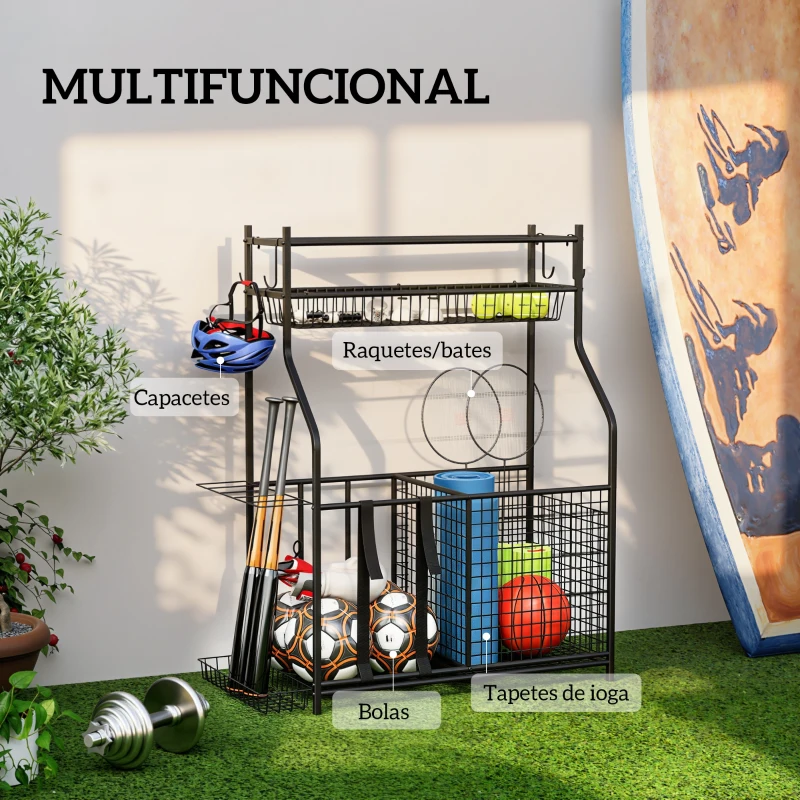 SPORTNOW Organizador de Equipamentos Desportivos com Cesta Ganchos Removíveis e Faixas Elásticas Suporte para Bolas 92x42x109 cm Preto