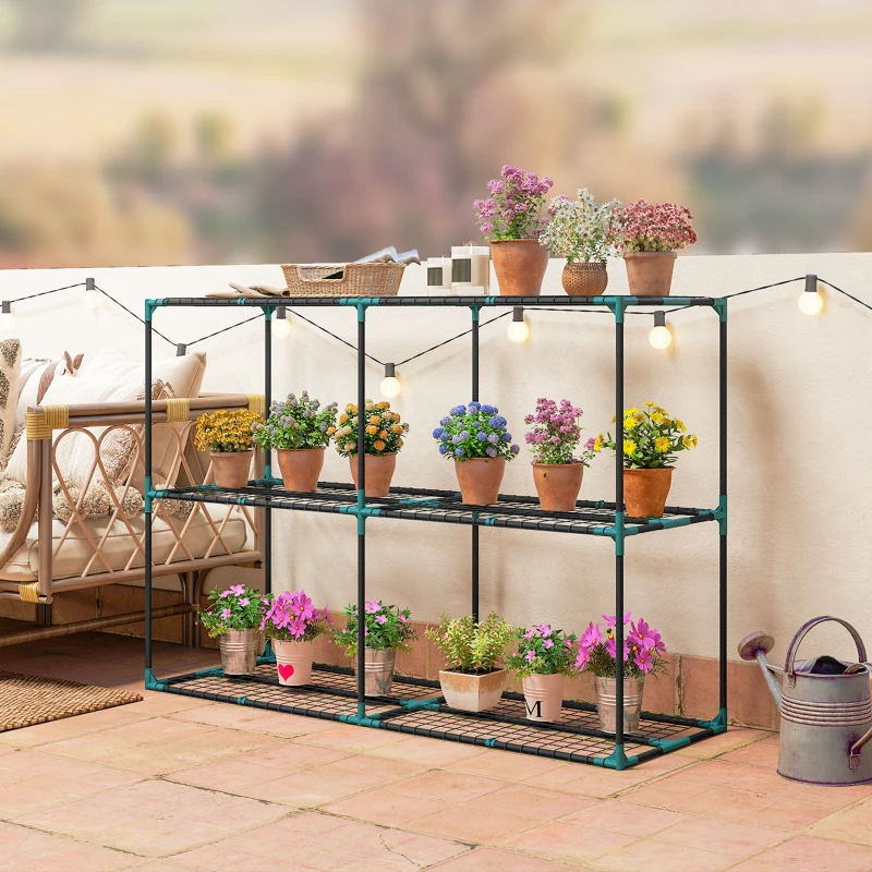 Outsunny Portapiante a 3 Livelli Aperti in Acciaio e Plastica, 143x48x100 cm, Verde Scuro