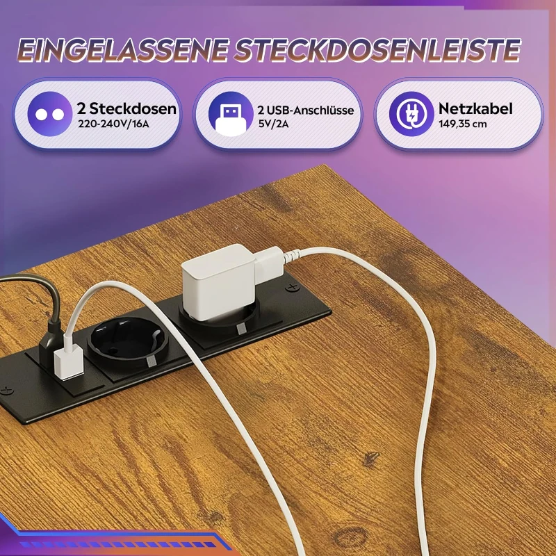 L-förmiger Eckschreibtisch, app‑steuerbare LED und integrierte Stromstation, 167.5x50x87.5 cm, Braun