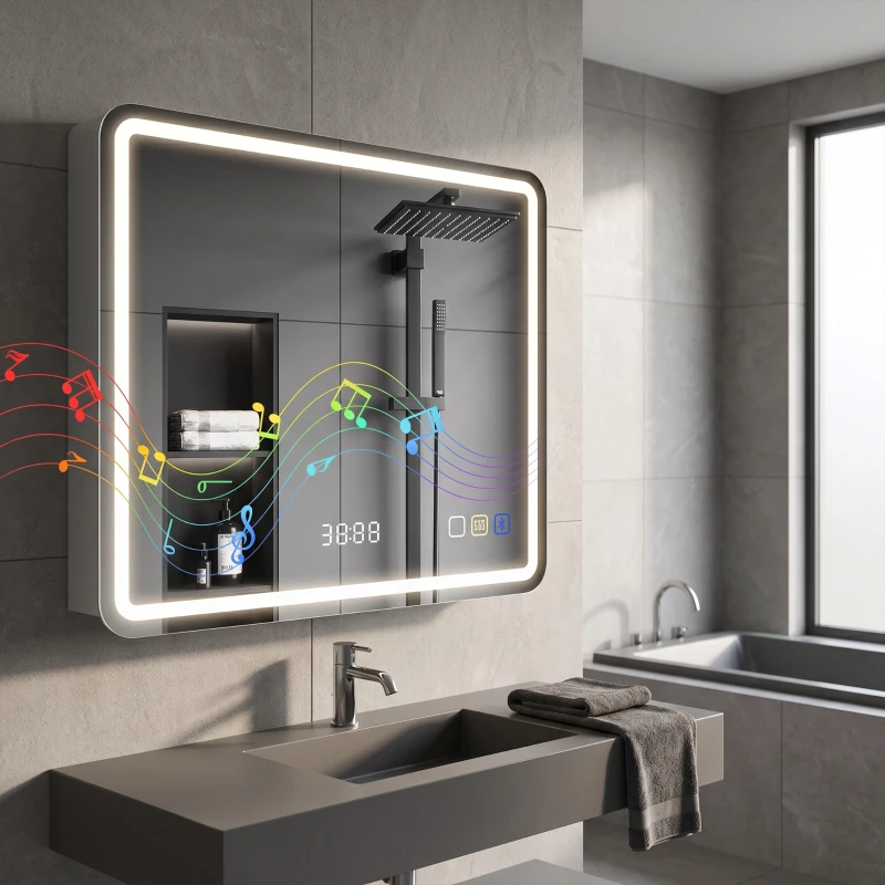 HOMCOM 60 x 80 cm Bluetooth LED Bathroom Mirror with Clock Anti-Fog - Silver Tone