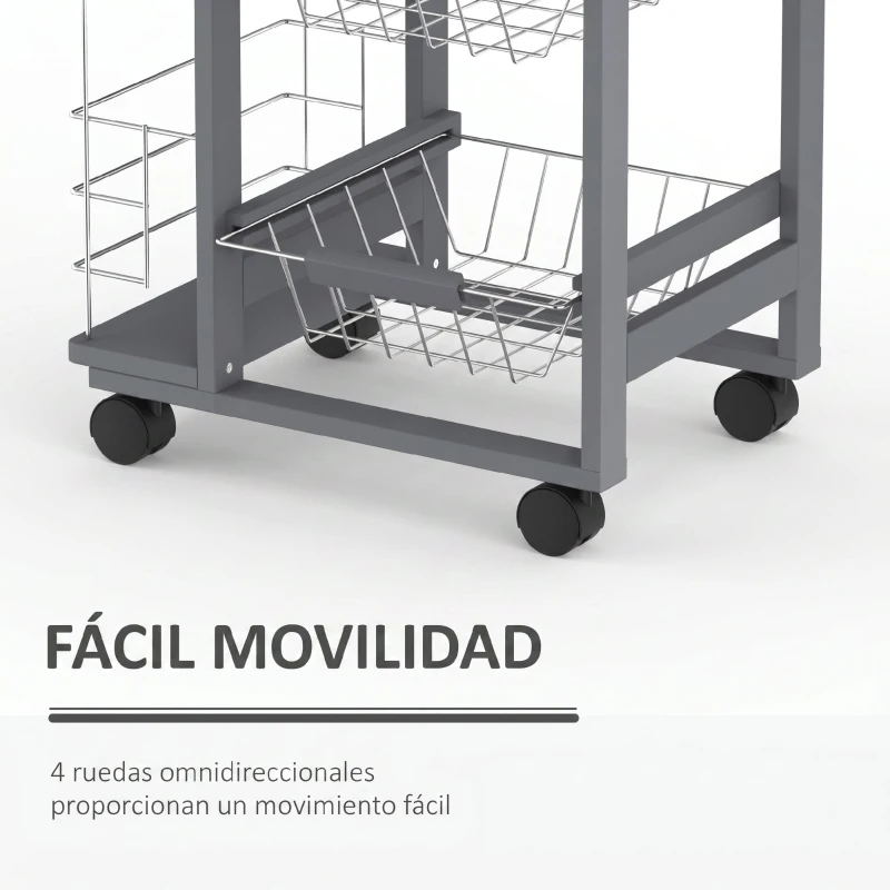 HOMCOM Carrito Auxiliar con Ruedas Carrito de Cocina con 3 Cestas Metálicas Cajón 2 Especieros 47x37x83 cm Gris