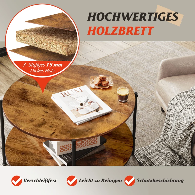 Zweistufiger Rundcouchtisch, viel Stauraum, verstellbare Beine, 83x83x44.5 cm, Braun