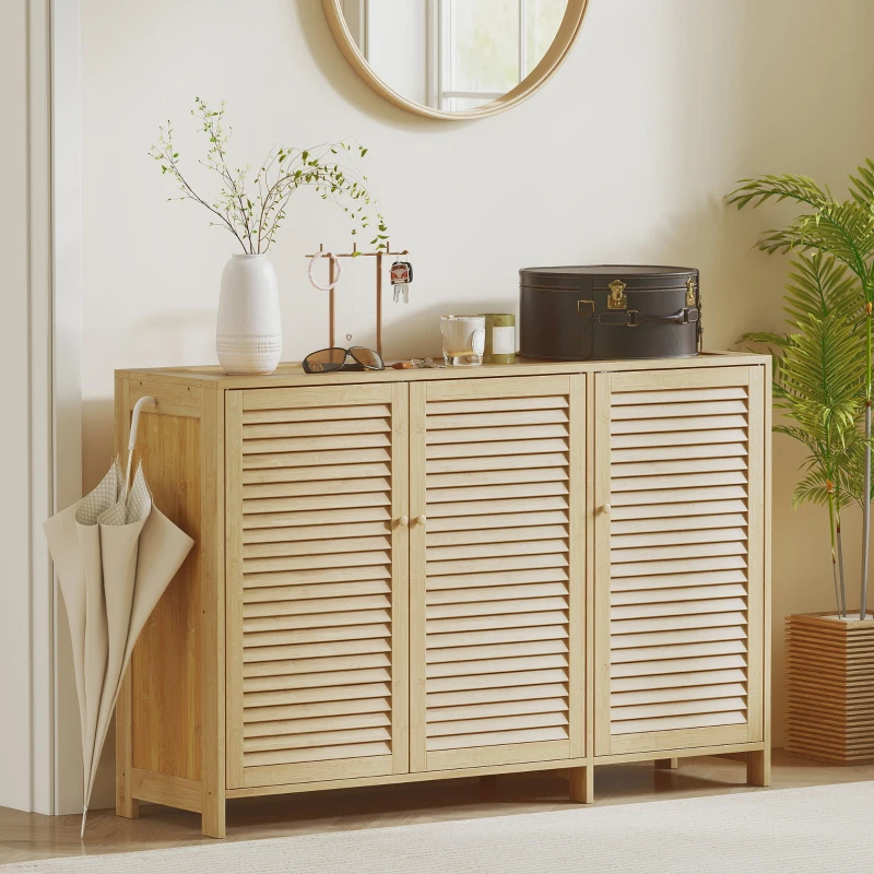 HOMCOM Bamboo Shoe Cabinet with Louvered Doors, 18 Pairs Shoe Storage Cabinet with Adjustable Shelves for Hallway, Natural