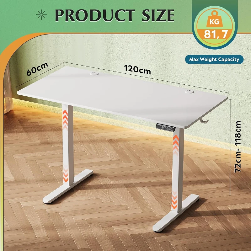 Elektrisch höhenverstellbarer Schreibtisch, 3 speicherbare Höhen für ergonomisches Sitz‑Steh‑Arbeiten, 120×60 cm, 72–118 cm, 120x60x72-118 cm, Weiß