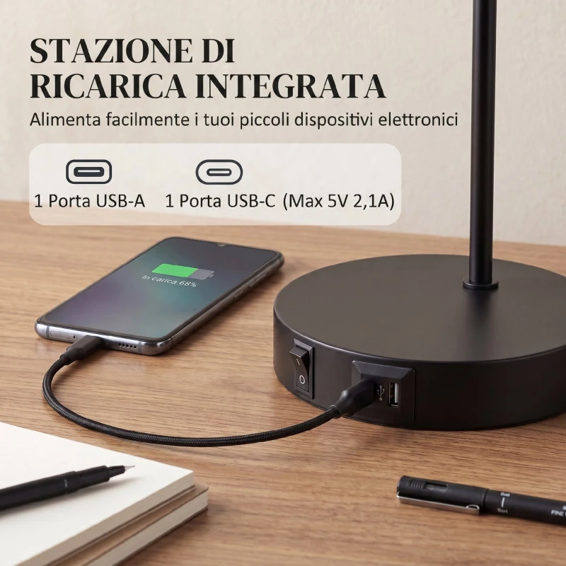 HOMCOM Set di 2 Lampade da Tavolo Moderne in Acciaio con Porte USB, Attacco E27, Nero