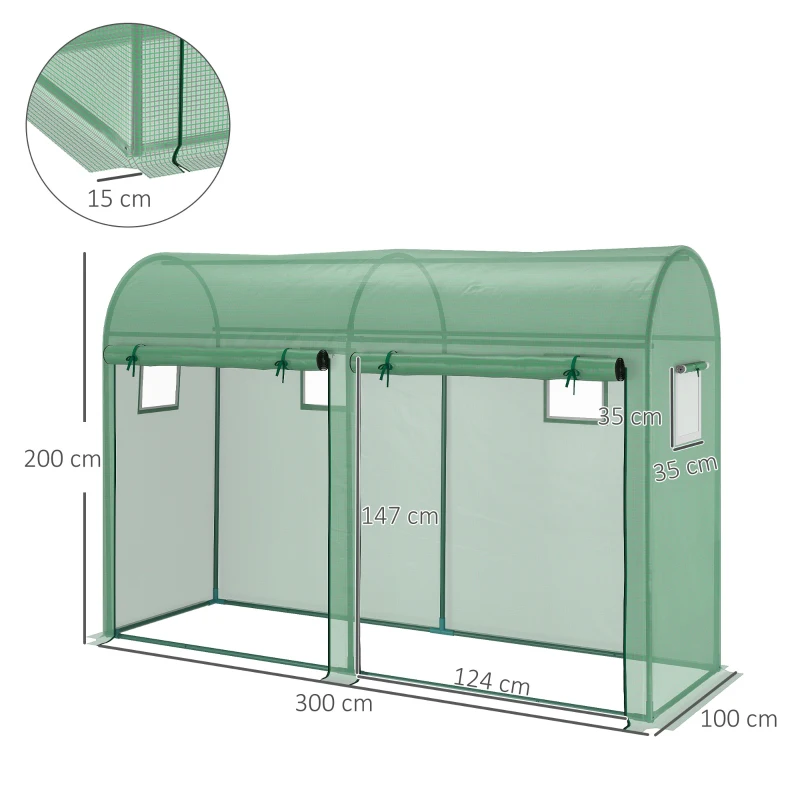 Outsunny Serra da Giardino 3x1x2m con 2 Porte Avvolgibili e 4 Finestre, Serra per Orto, Struttura Acciaio e Copertura PE, per Piante Verdure Fiori Frutta, Anti UV, Verde