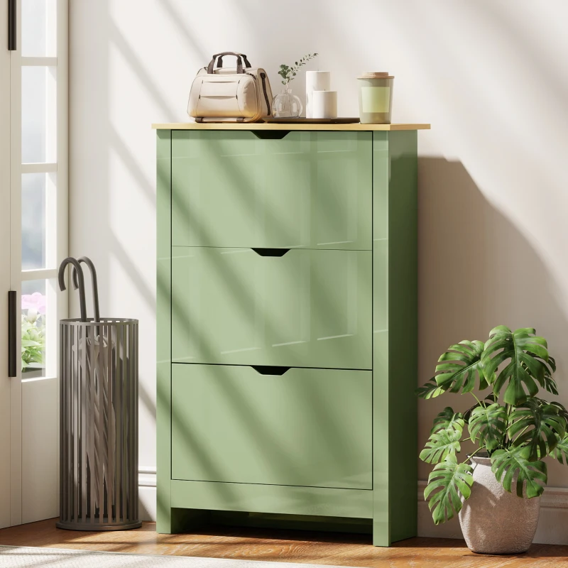 HOMCOM Slim Shoe Cabinet, Narrow Shoe Cupboard with 3 Flip Drawers, Adjustable Shelves for 18 Pairs of Shoes, High Gloss Green