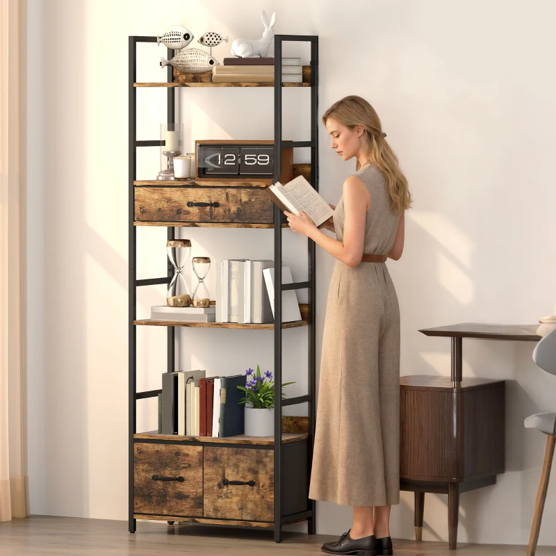 HOMCOM Industrial Style Bookcase, with 4 Shelves and 3 Fabric Drawers - Brown/Black