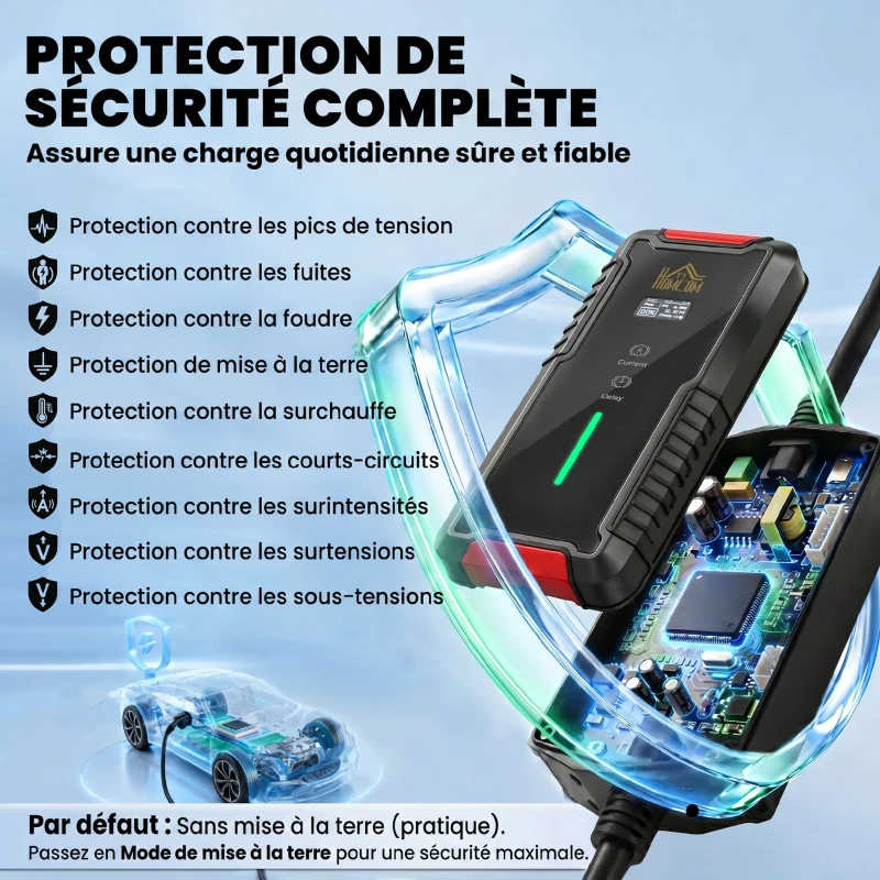 HOMCOM Chargeur Voiture Électrique Type 2 3,5kW [5m, 6/8/10/13/16A] Câble de Recharge Portable Écran LCD Retardateur Noir