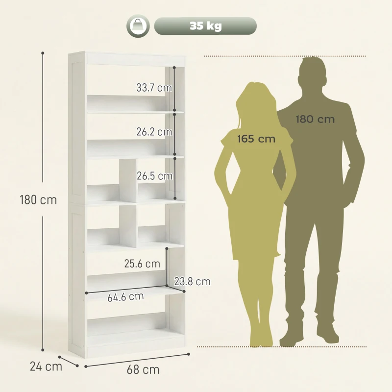 HOMCOM Bookcase, 6-Tier Bookshelf with Open Storage Shelves, Cubes, 180 cm Tall Display Shelf with Anti-Tipping Design, White