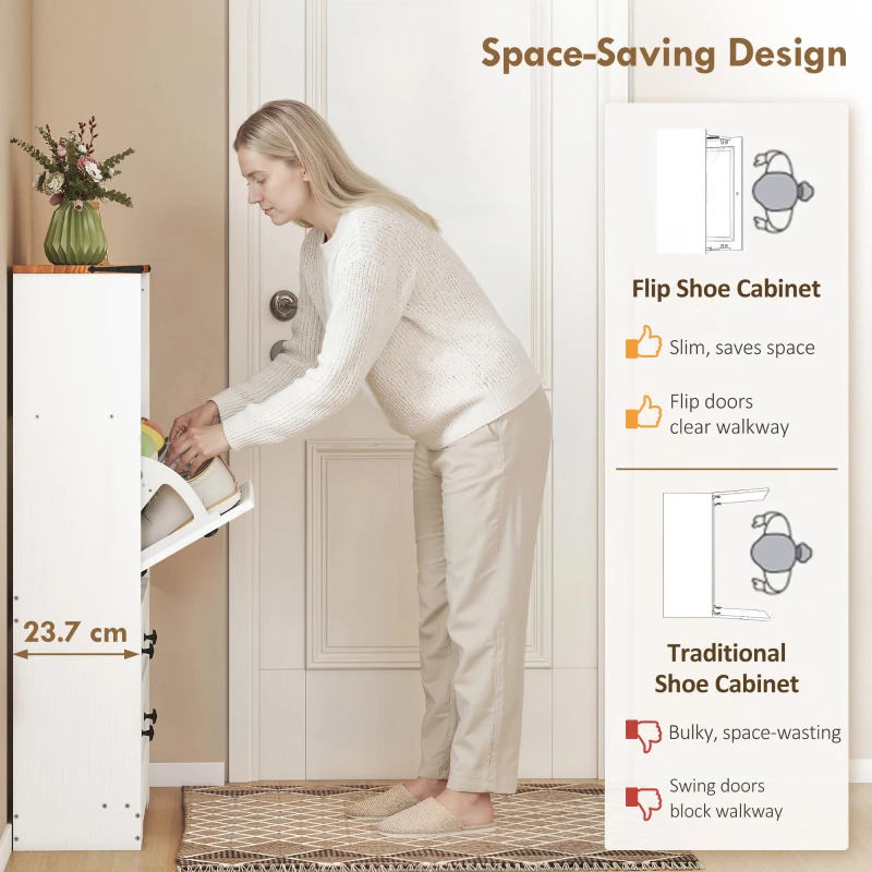 HOMCOM Shoe Cabinet with 2 Flip Drawers, Narrow Shoe Storage Cabinet, White