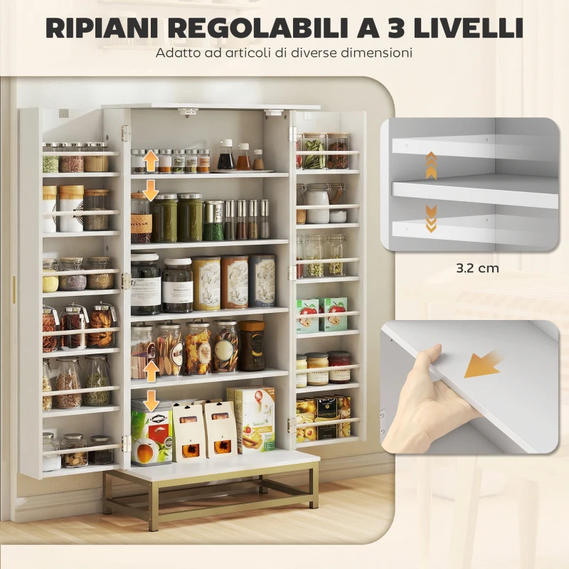 HOMCOM Credenza Cucina 119,5 cm, Moderna Dispensa Autoportante con 12 Ripiani su Ante, Ripiani Regolabili e Pannelli con Finitura in Legno, Bianca