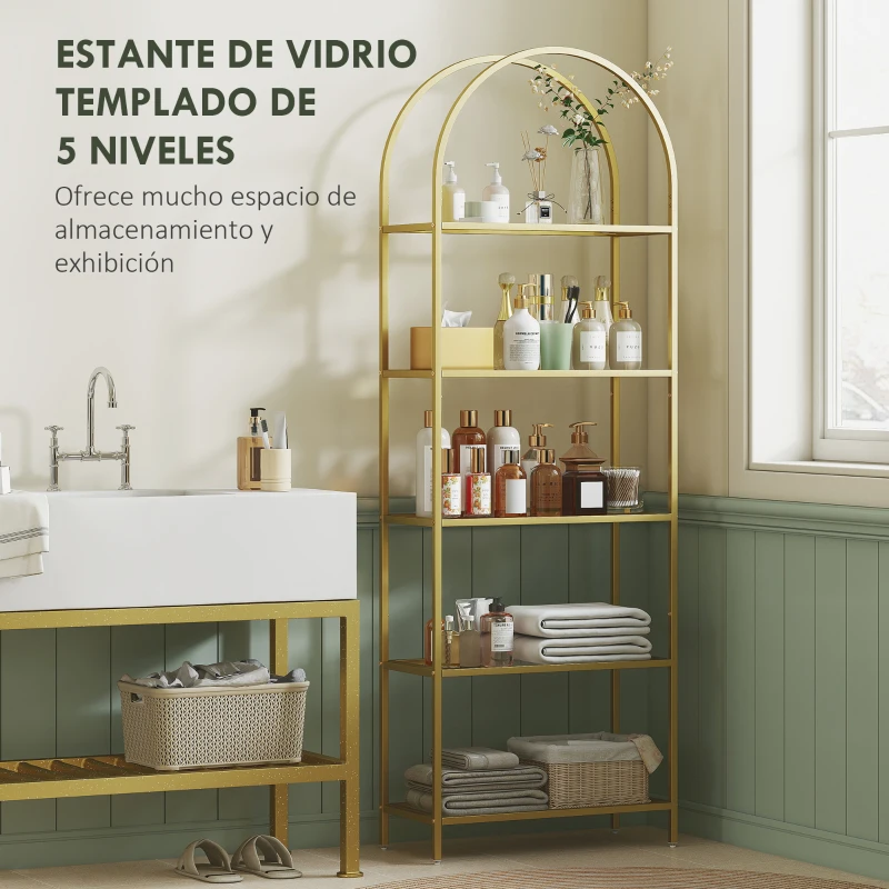 HOMCOM Estantería de Vidrio de 5 Niveles Estantería Almacenaje Estructura Arqueada Librería Estrecha 60x30x175 cm Dorado