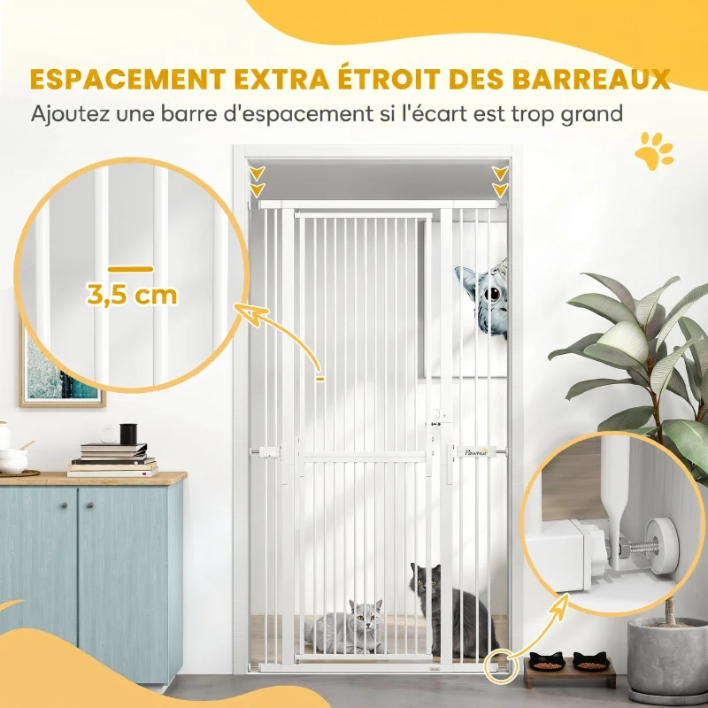 PawHut Barrière de Sécurité Animaux 180 cm, Largeur Ajustable 77-104 cm, Ouverture à Double Sens, Montage par Pression, Blanc(m-5)