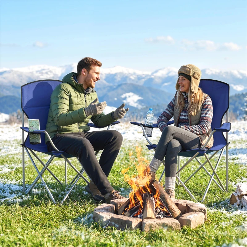 Outsunny Camping Chair Set of 2 Portable Folding Outdoor Camp Chair with Cup Holders and Carry Bag Dark Blue