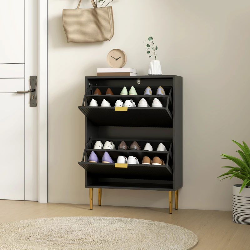 HOMCOM Meuble à chaussures 12 paires avec 2 tiroirs rabattables, portes cannelées et étagères réglables, 60x24x91,5cm, noir