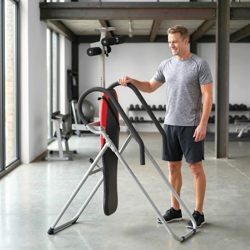 SPORTNOW Panca ad Inversione Pieghevole e Regolabile con Cintura di Sicurezza, in Acciaio,122x59x130 cm, Rosso e Nero