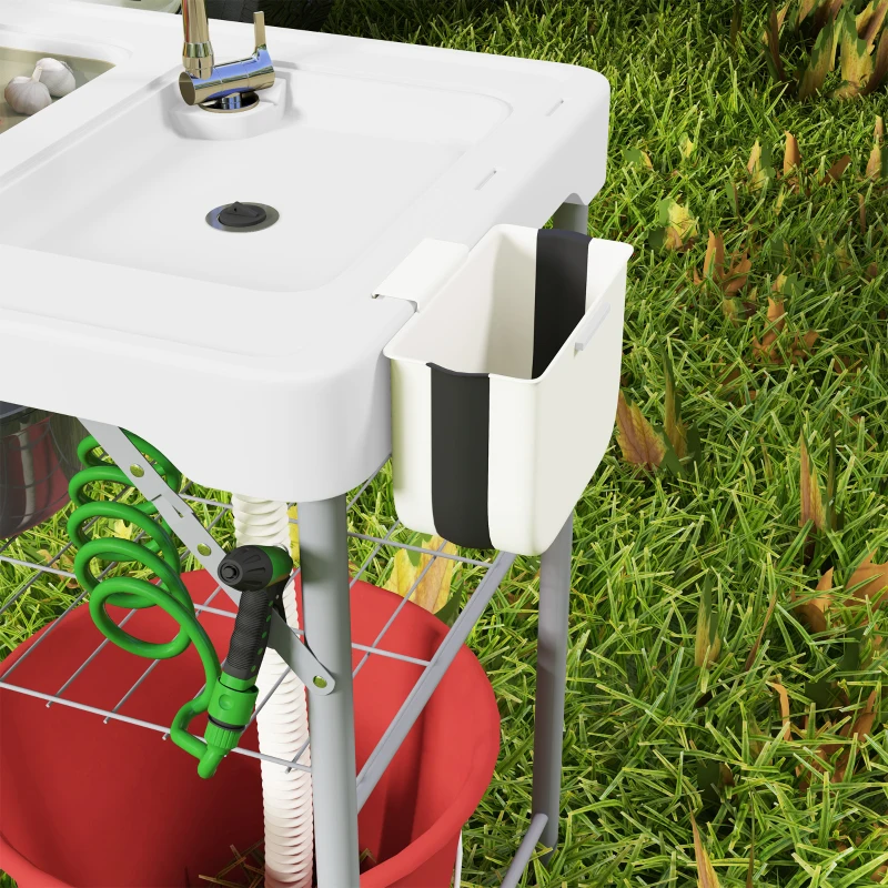 Outsunny Folding Fish Cleaning Table with Sinks, Portable Camping Sink Table with Faucet, Drainage Hose