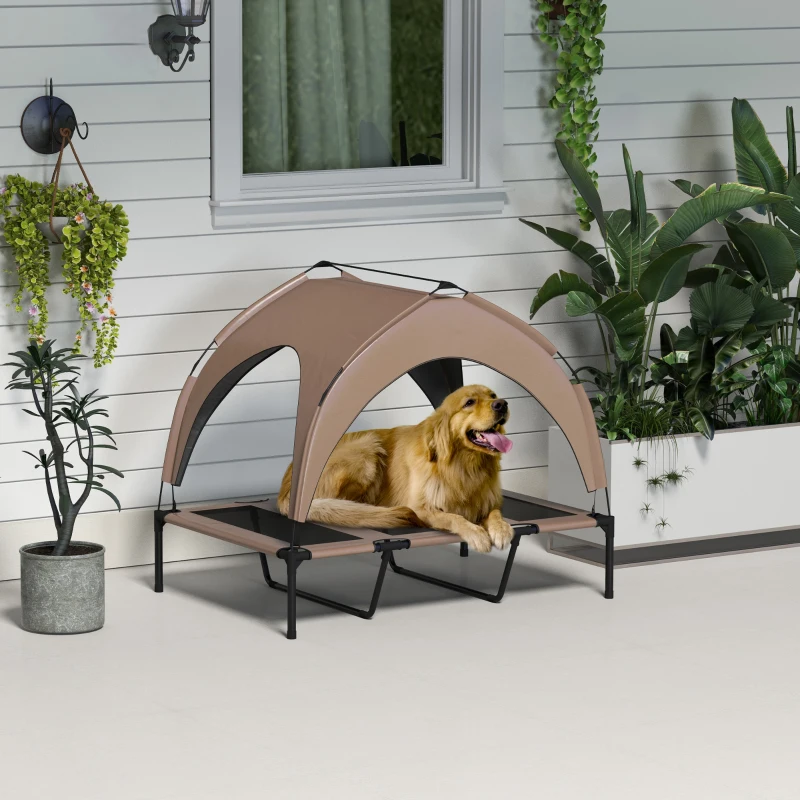 PawHut Cama para Perros Elevada con Toldo Marco de Acero y Bolsa de Transporte para Interior y Exterior 106x76x94 cm Café