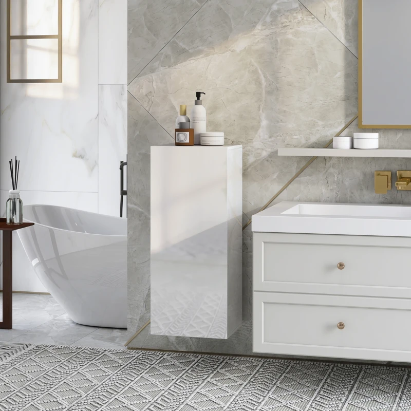 HOMCOM Mobiletto Bagno Pensile con 2 Ripiani in Vetro Regolabili e Anta Senza Maniglia, Bianco Lucido