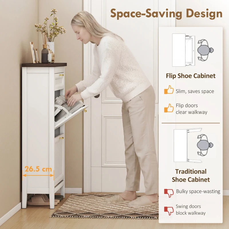HOMCOM Shoe Cabinet with 2 Flip Drawers, Farmhouse Narrow Shoe Storage Cabinet with Adjustable Shelves, White