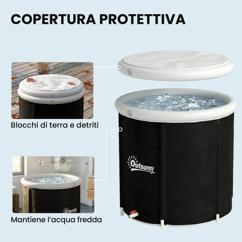 Outsunny Vasca di Ghiaccio da 280L per Sportivi con Copertura e Pompa, Ø78x71 cm, Nero