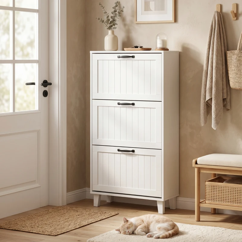 HOMCOM Mueble Zapatero 3 Cajones Abatibles Estantes Regulables Estrecho Blanco