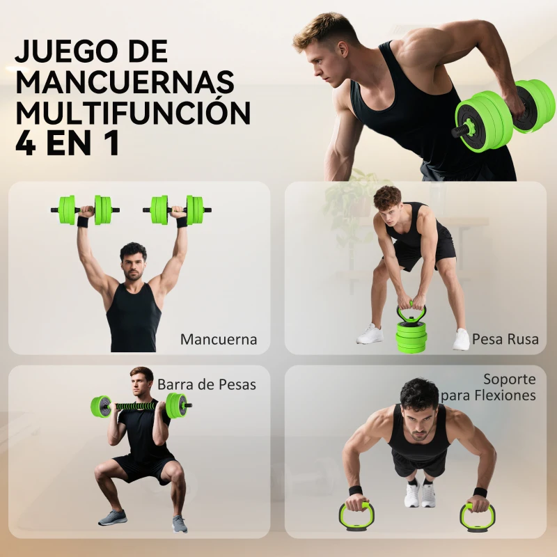 SPORTNOW Kit de Gimnasio 4 en 1 con Barra de Pesas Mancuernas Kettlebell para Entrenamiento de Fuerza en Casa Color Verde y Negro