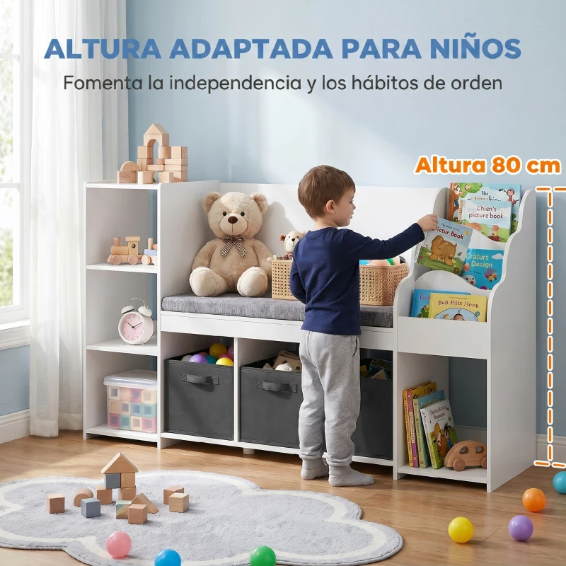 AIYAPLAY Estantería Infantil Juguetes con Rincón de Lectura Cojín 3 Cajones de Tela 3 Estantes 4 Cubículos 137x40x80 cm Blanco