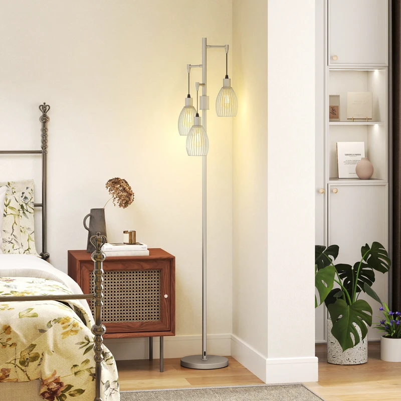 HOMCOM 170.5cm Industrial Dimmable Standing Lamp, 3-Light Floor Lamp with Steel Wire Cage Lampshades, Silver Tone