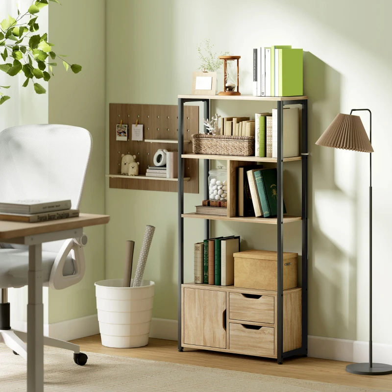 HOMCOM 4-Tier Bookcase, Bookshelf with 1 Cabinet and 2 Drawers for Living Room, Bedroom, Study, Natural Wood