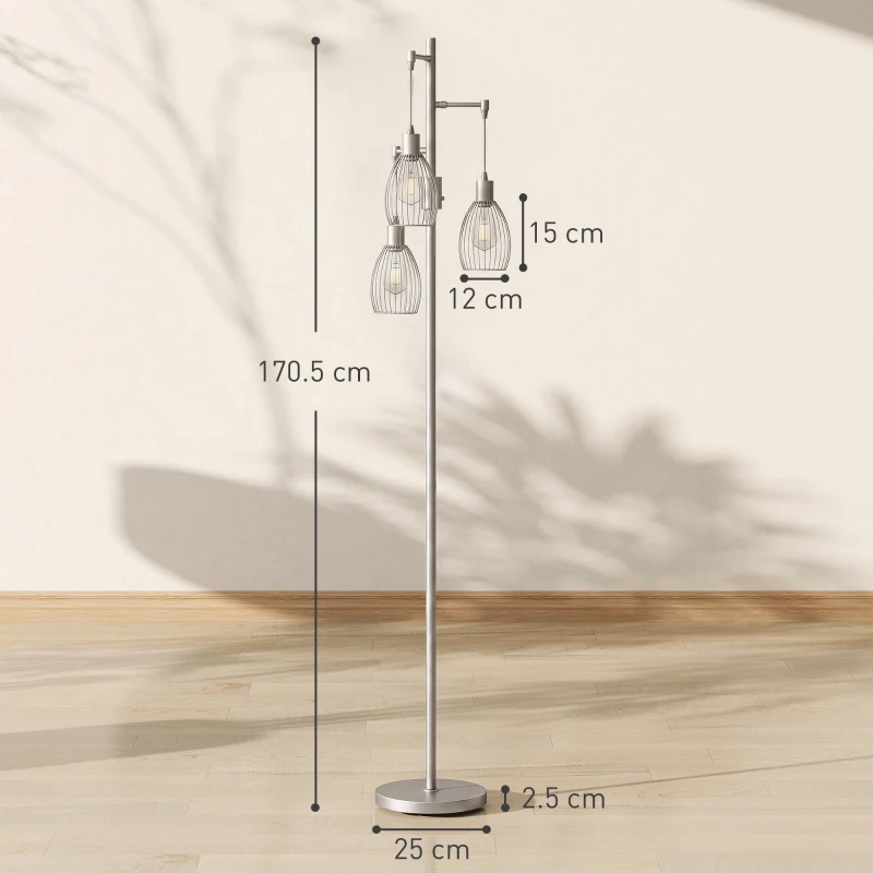 HOMCOM 170.5cm Industrial Dimmable Standing Lamp, 3-Light Floor Lamp with Steel Wire Cage Lampshades, Silver Tone