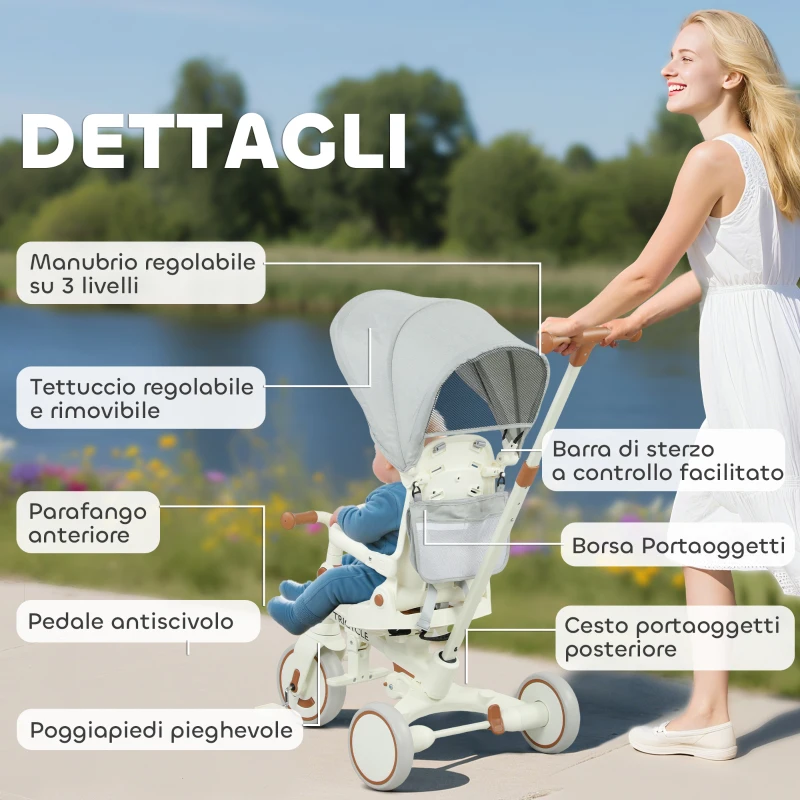 AIYAPLAY Triciclo per Bambini 5 in 1 con Maniglione di Spinta e Copertura Rimovibile, 96.5x49x101 cm, Bianco Crema