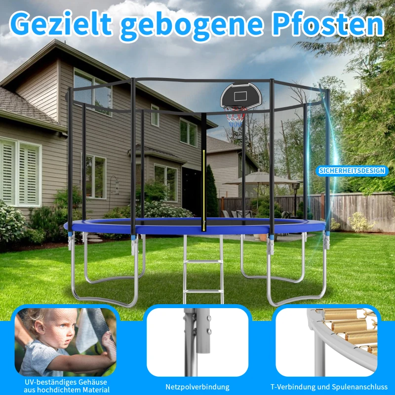 Trampolin Outdoor, verstärkten Beintraversen, doppelt gepolstertem Sicherheitsnetz, 366x366x256 cm, Blau