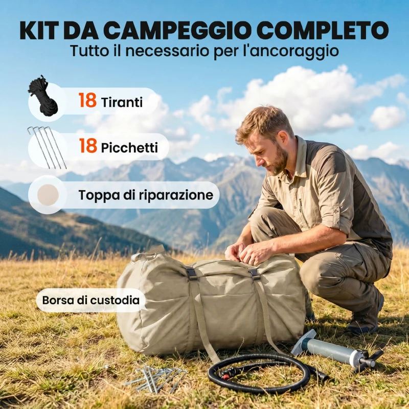 Outsunny Tenda da Campeggio Gonfiabile con Pompa, Impermeabile 3000mm e Antivento, Cachi