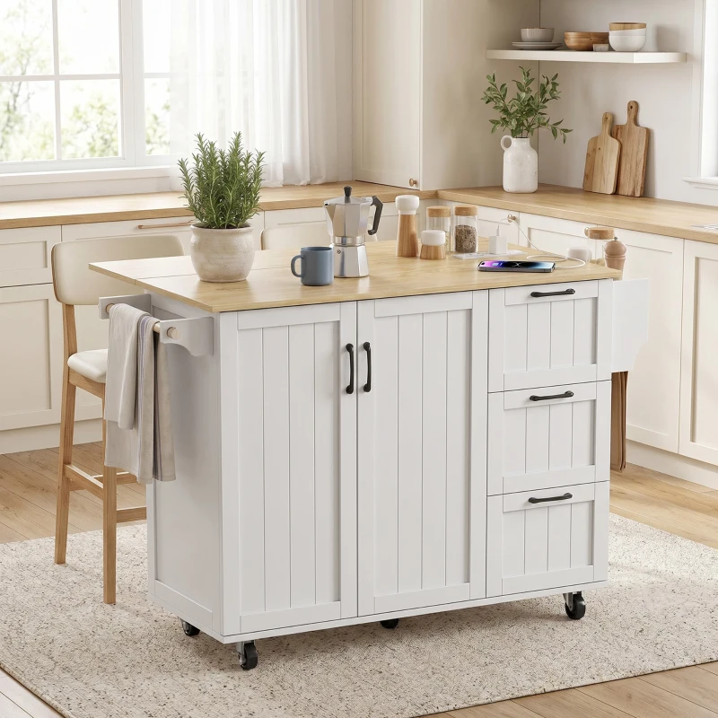 HOMCOM Isla de Cocina con Encimera Extensible Estación de Carga Ruedas 2 Puertas 3 Cajones Especiero y Toallero Blanco