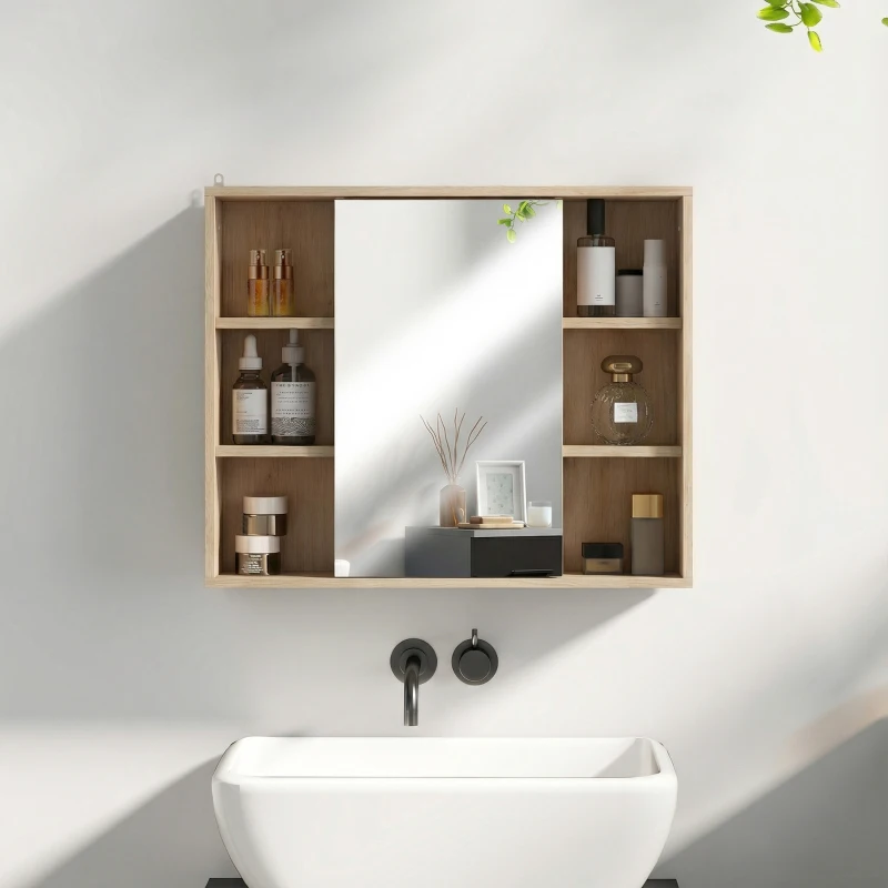 HOMCOM Meuble salle de bain avec miroir, placard à portes et 6 compartiments ouverts, 60 x 14,5 x 49,4 cm, bois naturel