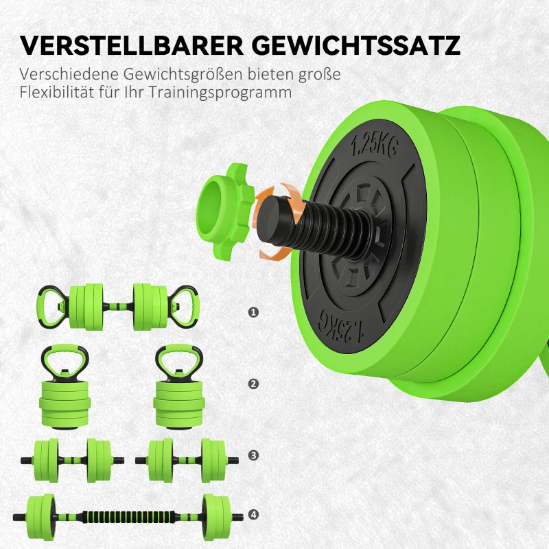 SPORTNOW 4-in-1 Halterset 20 kg - Verstelbare Dumbbell & Barbell Kettlebell Push-up Bars Groen