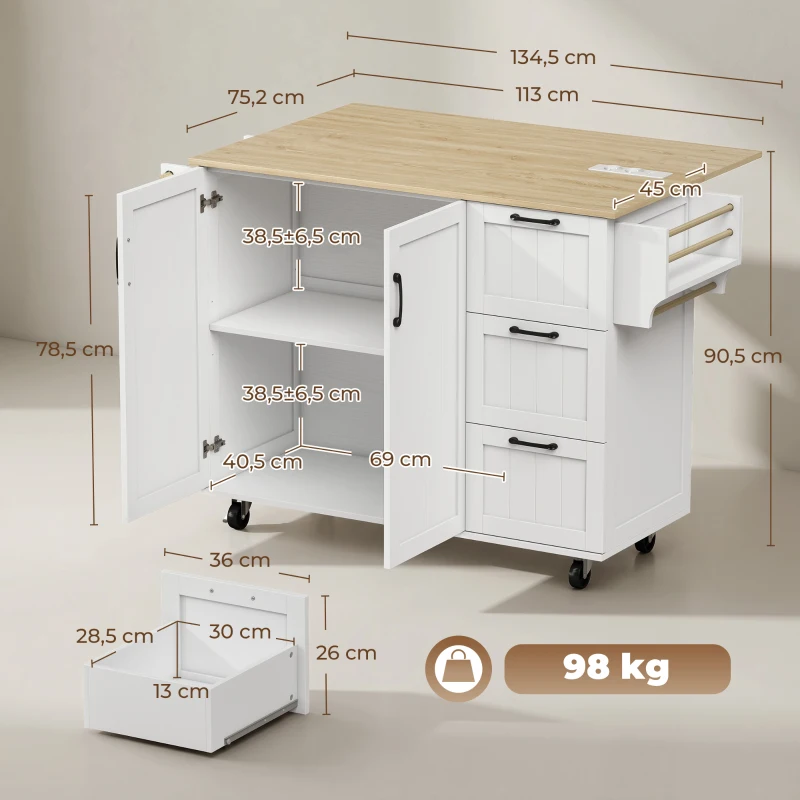 HOMCOM Isla de Cocina con Encimera Extensible Estación de Carga Ruedas 2 Puertas 3 Cajones Especiero y Toallero Blanco
