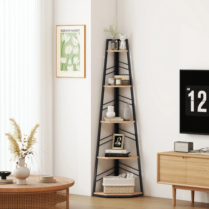 HOMCOM Corner Bookcase, 5-Tier Floor Standing Bookshelf, Shelving Unit for Living Room, Study, Bedroom, Natural Wood Finish