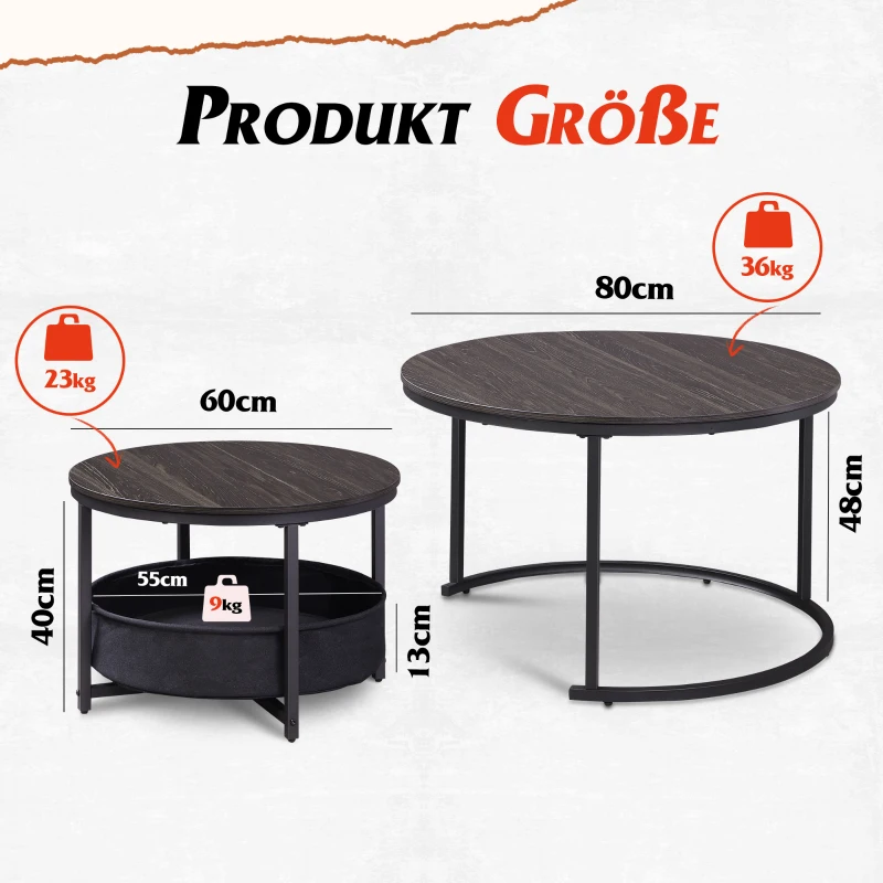 Couchtisch 2er-Set, flexibles 2‑in‑1-Design, modernes Design, 80x80x48.2 cm, Schwarz