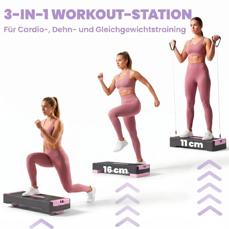 SPORTNOW Steppbrett höhenverstellbar Fitness Aerobic Stepper mit 2 Stufen (11/16 cm) 2 Widerstandsbändern, Anti-Rutsch-Matte Rosa