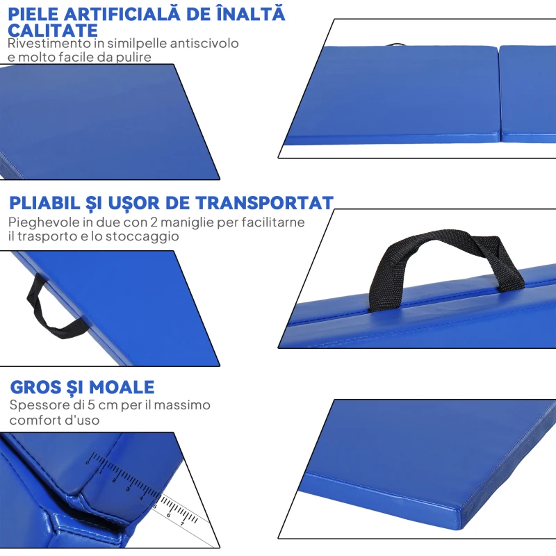 HOMCOM Saltea de Gimnastică Pliabilă, Saltea Fitness Groasă de 5 cm și Antiderapantă, 180x60x5 cm, Albastru