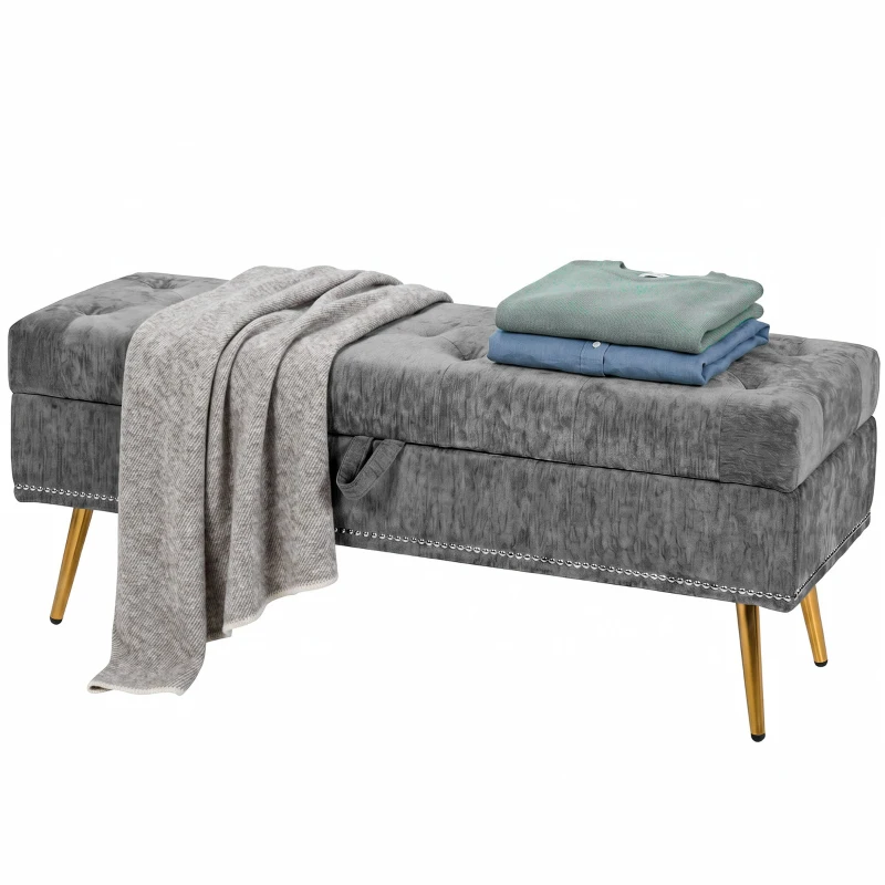 HOMCOM Storage Ottoman, Chenille Upholstered Ottoman Storage Box with Padded Seat, Metal Legs, 114 x 41 x 45 cm, Grey