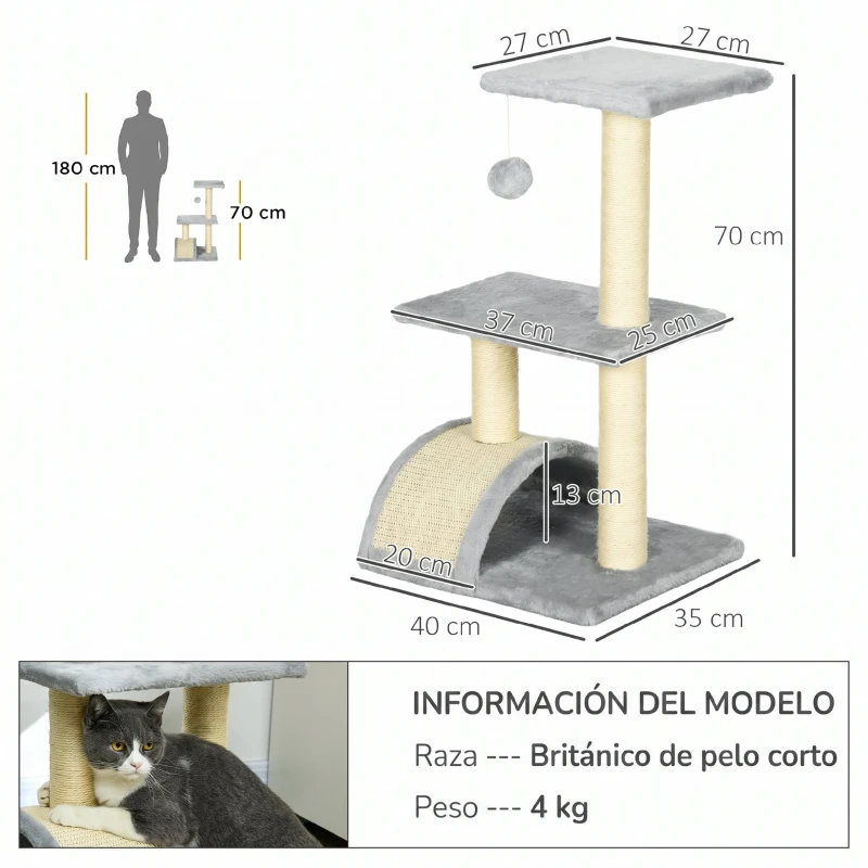 PawHut Árbol Rascador para Gatos Mediano de 3 Niveles con Rascador en Arco Plataformas Postes y Bola 40x35x72 cm Gris Claro