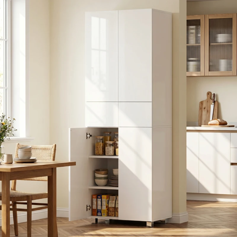 HOMCOM Aparador Alacena de Cocina Mueble Auxiliar con 4 Puertas 2 Cajones y Estantes Ajustables 60x35x170 cm Blanco