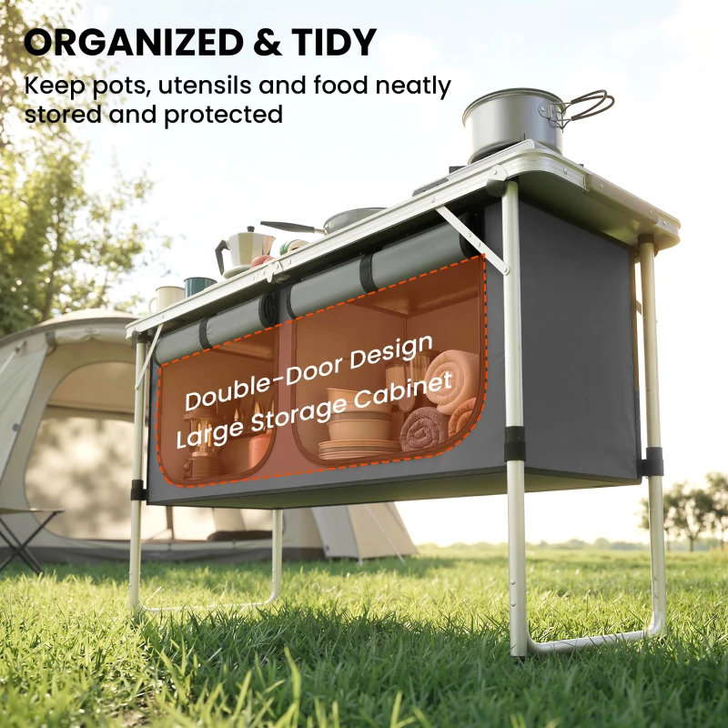 Outsunny Camping Cupboards Folding Portable Aluminium Camp Cook Station with Storage Cupboard for Outdoor BBQ