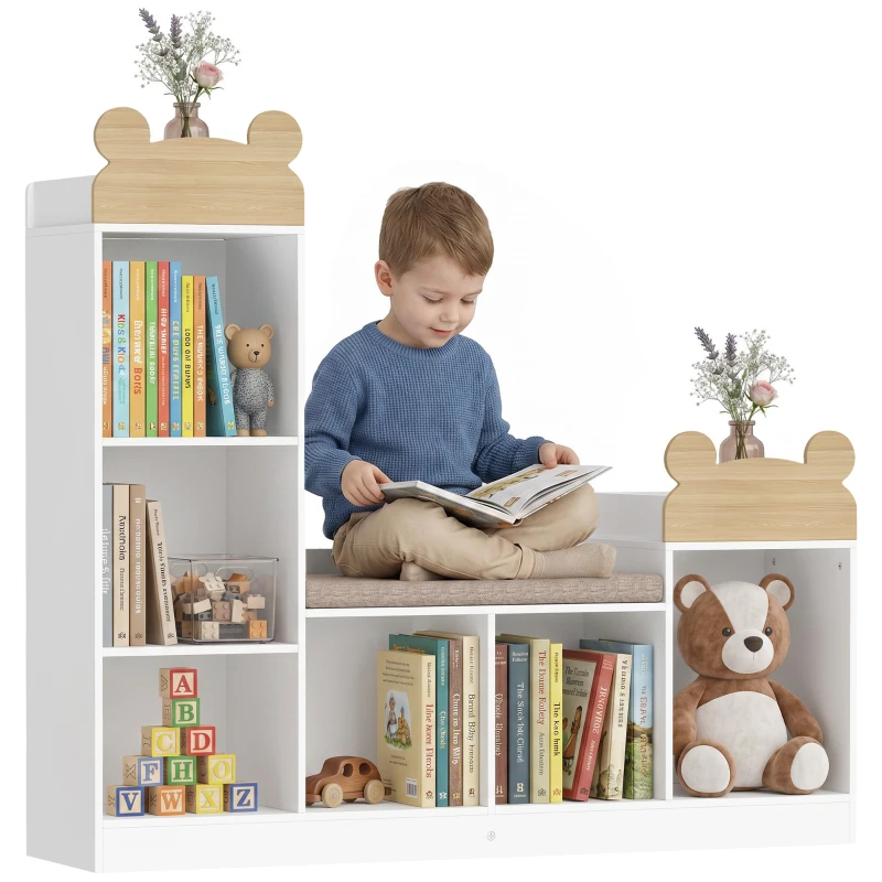 AIYAPLAY Bibliotecă pentru copii, mobilier depozitare 3 în 1 cu bancă, 6 compartimente, 2 rafturi, pernă de șezut, Alb