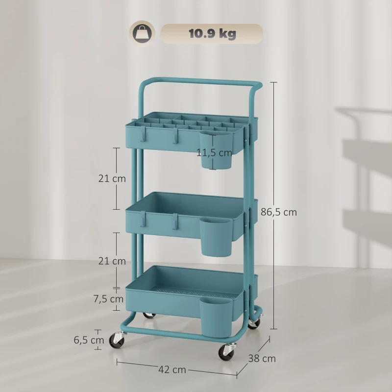 HOMCOM Chariot à 3 niveaux desserte avec 4 crochets et 3 boîtes suspendues amovibles pour 42 x 38 x 86,5 cm bleu-vert